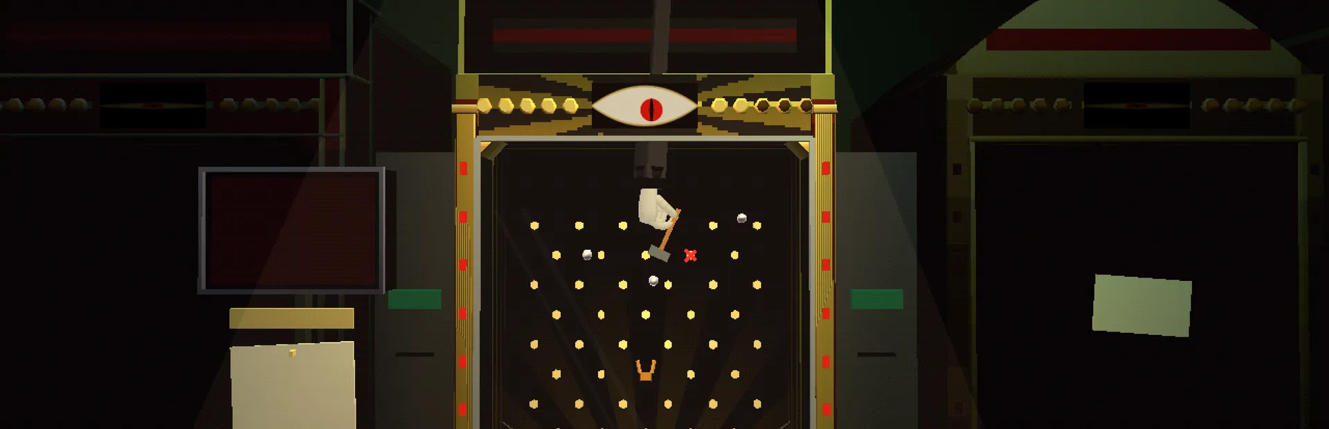A dark pachinko parlour after hours. A white glove holding a hammer hangs inside the one lit cabinet.
