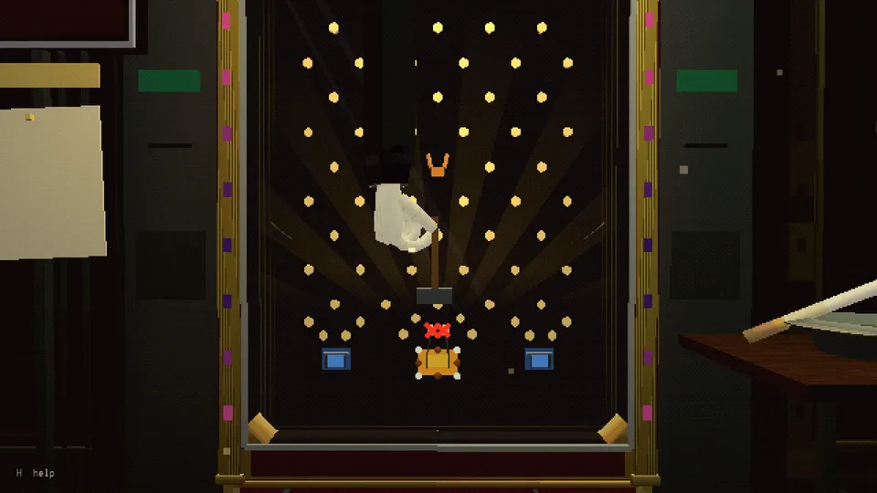 The glove reaches down into the cabinet between rows of brass pins.