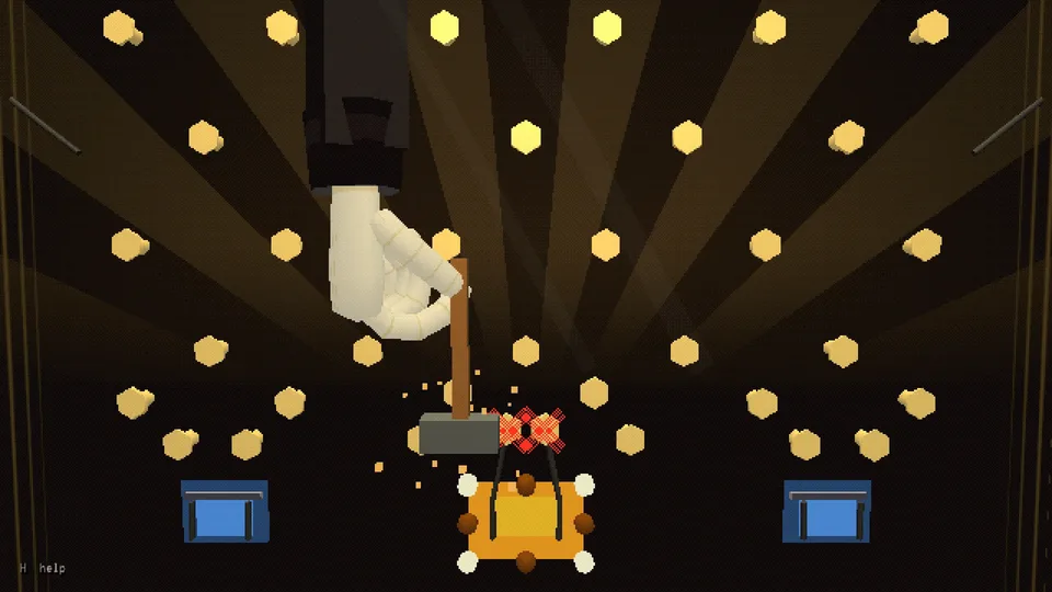 Close up: the white glove swings a hammer at a pin above the jackpot pocket, marked with a red X.