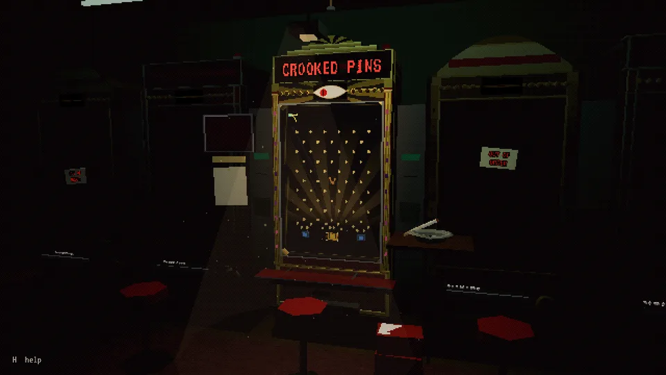 The parlour: the lit Crooked Pins cabinet among dead machines and red stools.